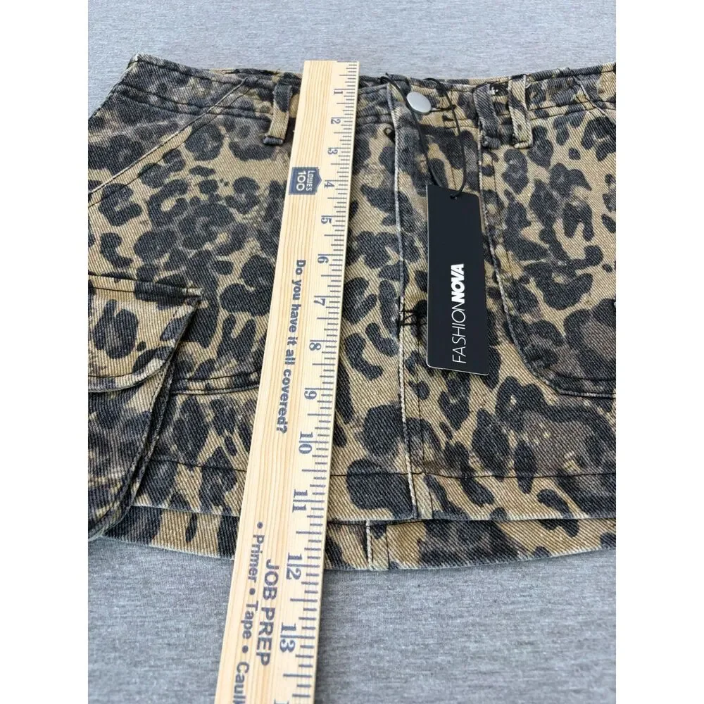 New Y2K Leopard Print Denim Micro Mini Skirt XS Cargo Utility Brown Indie Sleaze